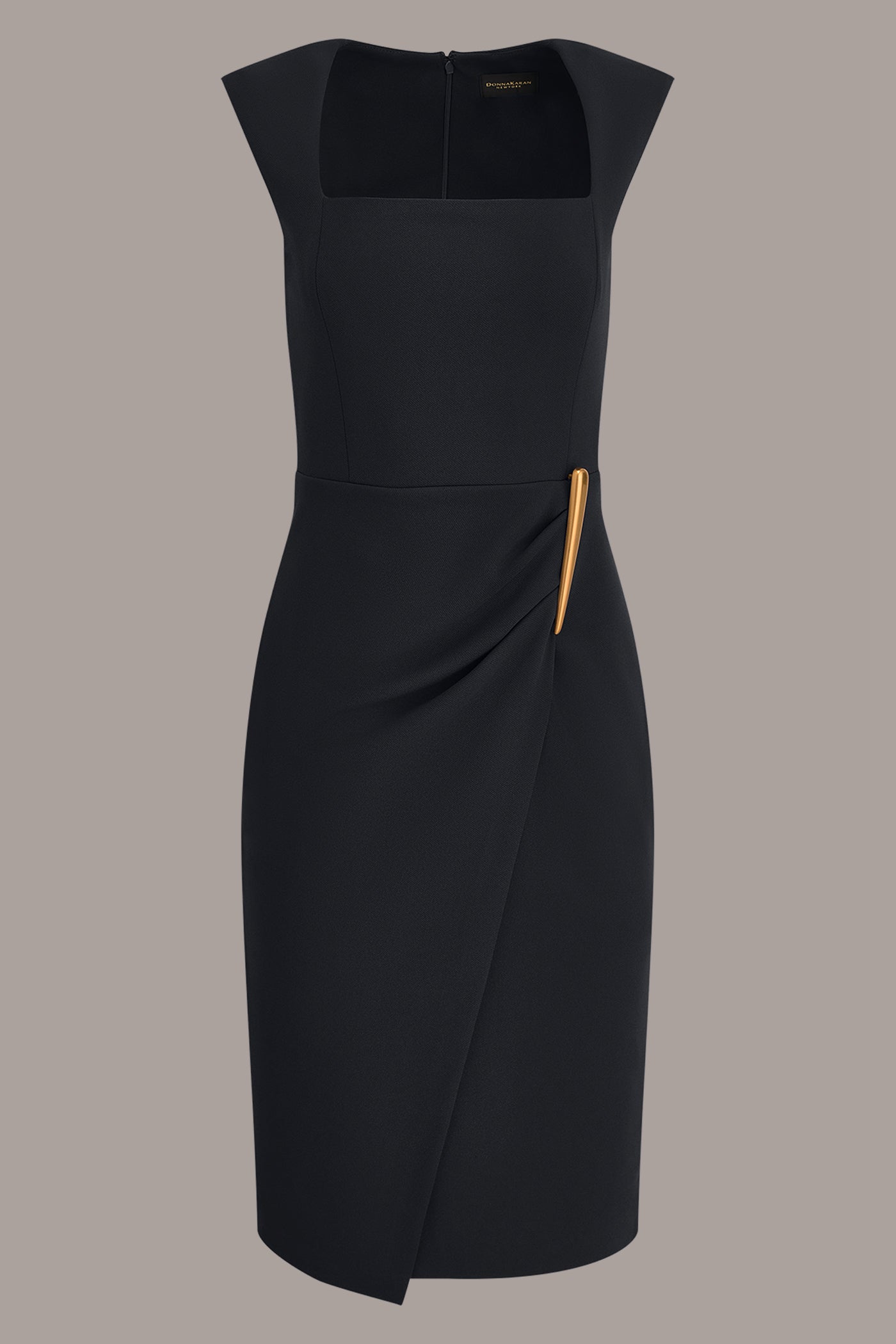 SLEEVELESS WRAP EFFECT MIDI BLACK DRESS