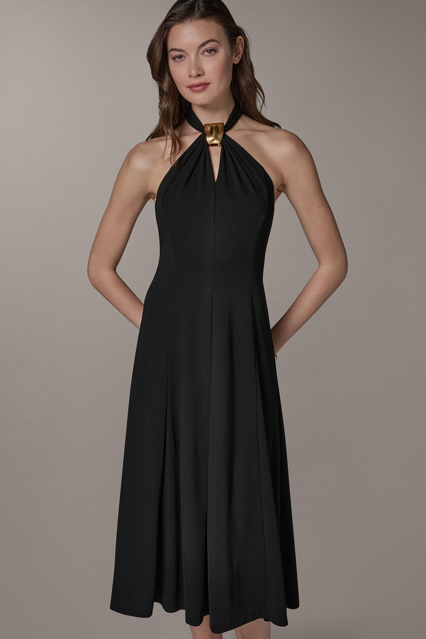 SLEEVELESS MIDI A-LINE HALTER DRESS